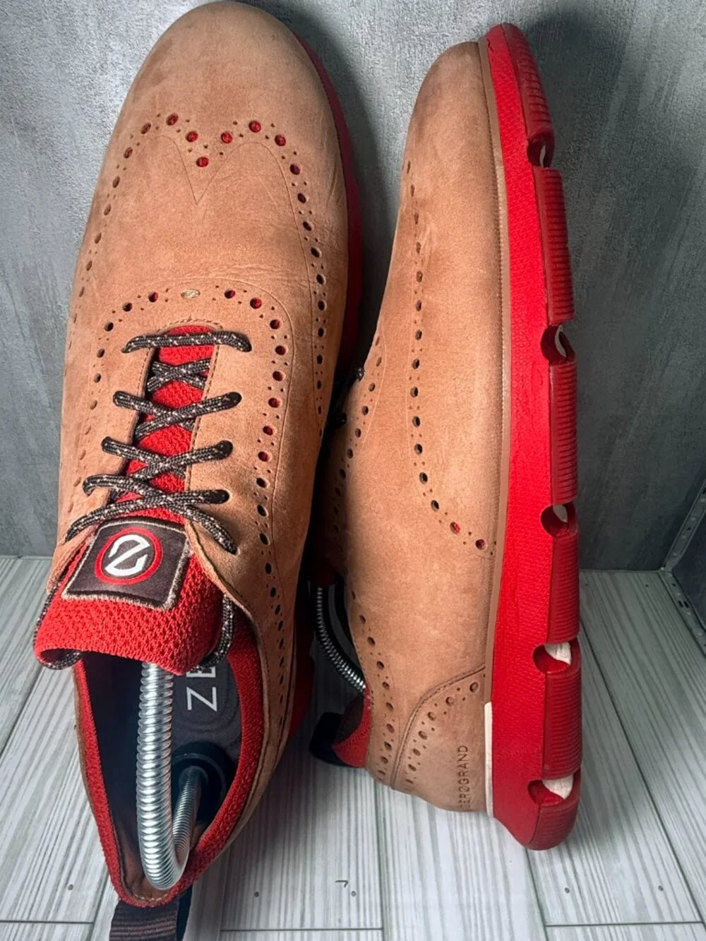 Cole Haan ZERØGRAND Wingtip Oxford Shoes Men's 13M Tan Suede Red C33628 EXCELLEN